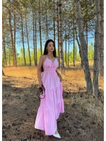 Pembe Askılı İnci Keten Elbise