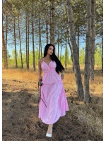 Pembe Askılı İnci Keten Elbise