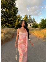Pembe Boyun Fularlı Tül Elbise