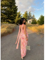 Pembe Boyun Fularlı Tül Elbise