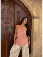 Pembe Dantel Detaylı Krep Bluz
