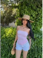 Pembe Kabartma Straplez Crop