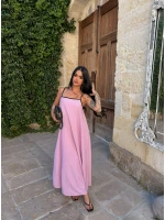 Pembe Kare Yaka Biyeli Elbise