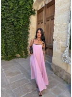 Pembe Kare Yaka Biyeli Elbise