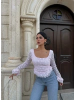 Pembe Kare Yaka Güpürlü Peplum Bluz