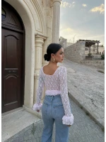 Pembe Kare Yaka Güpürlü Peplum Bluz