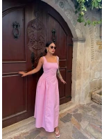 Pembe Kare Yaka Poplin Elbise