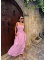 Pembe Kare Yaka Poplin Elbise