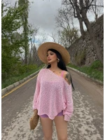 Pembe Kayık Yaka Oversize Triko