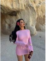 Pembe Sırt Açık Gofre Elbise
