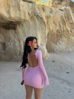 Pembe Sırt Açık Gofre Elbise