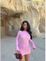 Pembe Sırt Açık Gofre Elbise