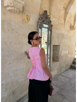 Pembe Sırt Bağcıklı Poplin Bluz