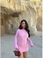 Pembe Sırt Dekolte Gofre Elbise