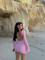 Pembe Sırt Dekolte Gofre Elbise