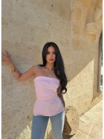 Pudra Çift Yırtmaçlı Denim Straplez