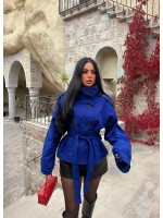 Saks Mavi Dik Yaka Kuşaklı Trençkot