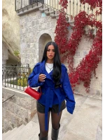 Saks Mavi Dik Yaka Kuşaklı Trençkot