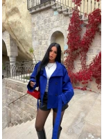 Saks Mavi Dik Yaka Kuşaklı Trençkot