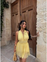 Sarı Maya Dantel Biyeli Elbise