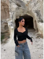 Siyah Aden Büzgülü Crop Bluz