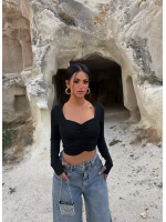 Siyah Aden Büzgülü Crop Bluz