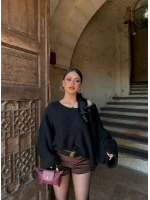 Siyah Batwing Oversize Triko Kazak