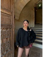 Siyah Batwing Oversize Triko Kazak