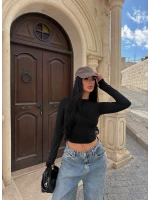 Siyah Bisiklet Yaka Basic Crop