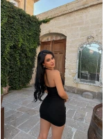 Siyah Boyundan Geçmeli Modal Elbise