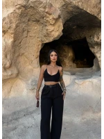 Siyah Çift Pile Kemerli Pantolon