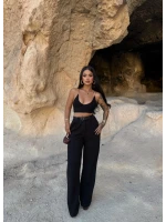 Siyah Çift Pile Kemerli Pantolon