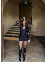 Siyah Damla Yaka Dantel Detay Elbise