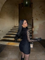 Siyah Damla Yaka Dantel Detay Elbise