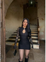 Siyah Damla Yaka Dantel Detay Elbise