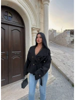 Siyah Dik Yaka Kuşaklı Trençkot