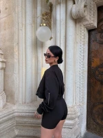Siyah Dokuma Kısa Bomber Ceket