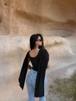 Siyah Drapeli Pelerin Bodysuit