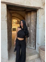 Siyah Elina Yaka Çapraz Keten Takım