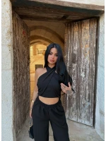 Siyah Elina Yaka Çapraz Keten Takım
