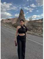Siyah Elina Yaka Çapraz Keten Takım