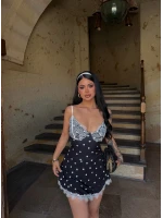 Siyah Garnili Puantiyeli Elbise