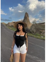 Siyah Göğüs Bağcıklı Biyeli Crop