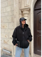 Siyah İçi Şardonlu Oversize Kapşonlu Hırka