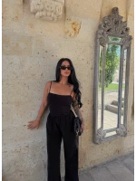 Siyah İp Askılı Drapeli Tulum