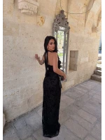 Siyah Jakar Desenli Maxi Elbise