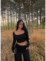 Siyah Kare Yaka Çift Kat Crop