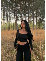 Siyah Kare Yaka Çift Kat Crop