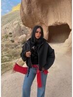 Siyah Kemerli Oversize Bomber Ceket