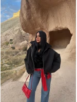Siyah Kemerli Oversize Bomber Ceket